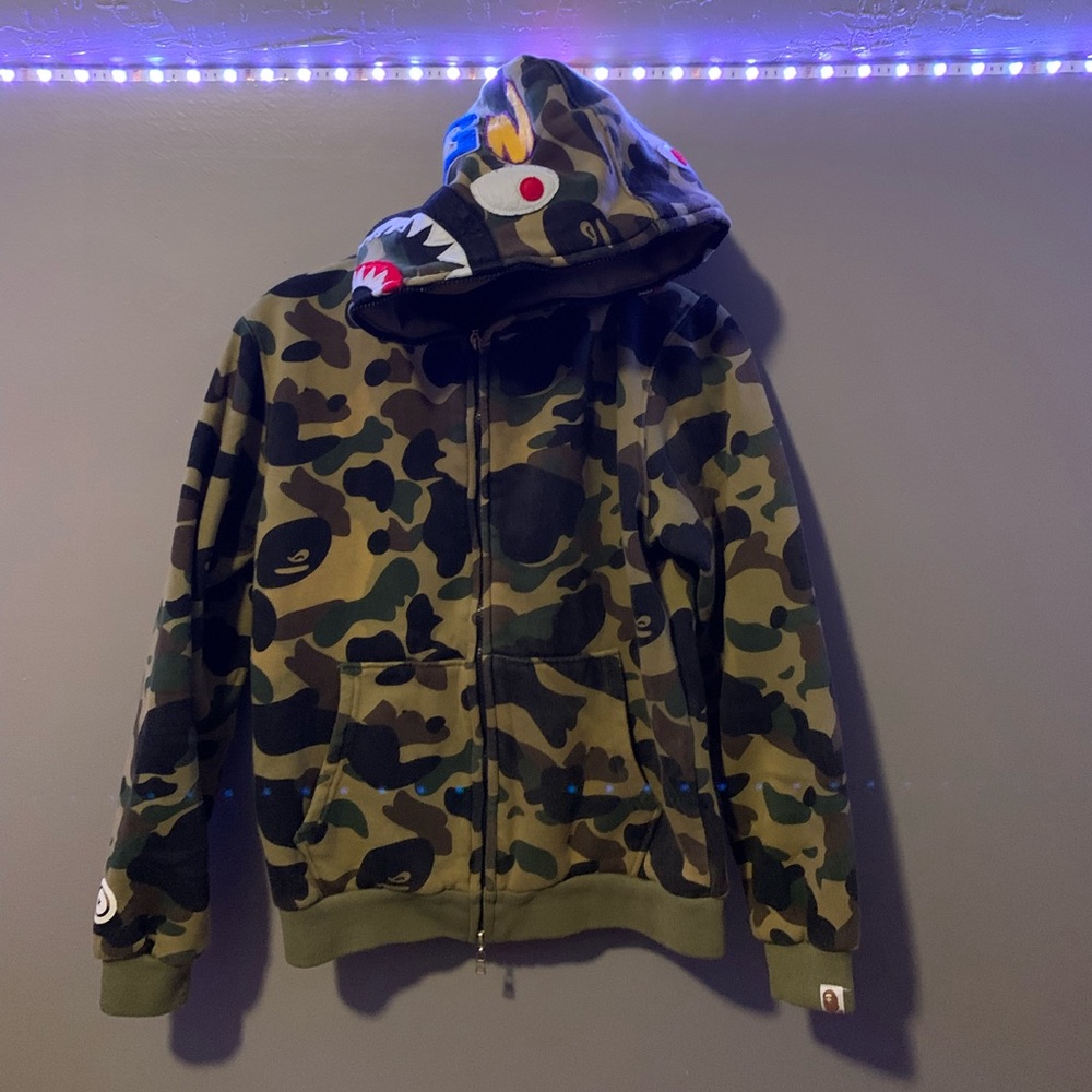 Bape Shark green camo zip up hoodie for boys in L